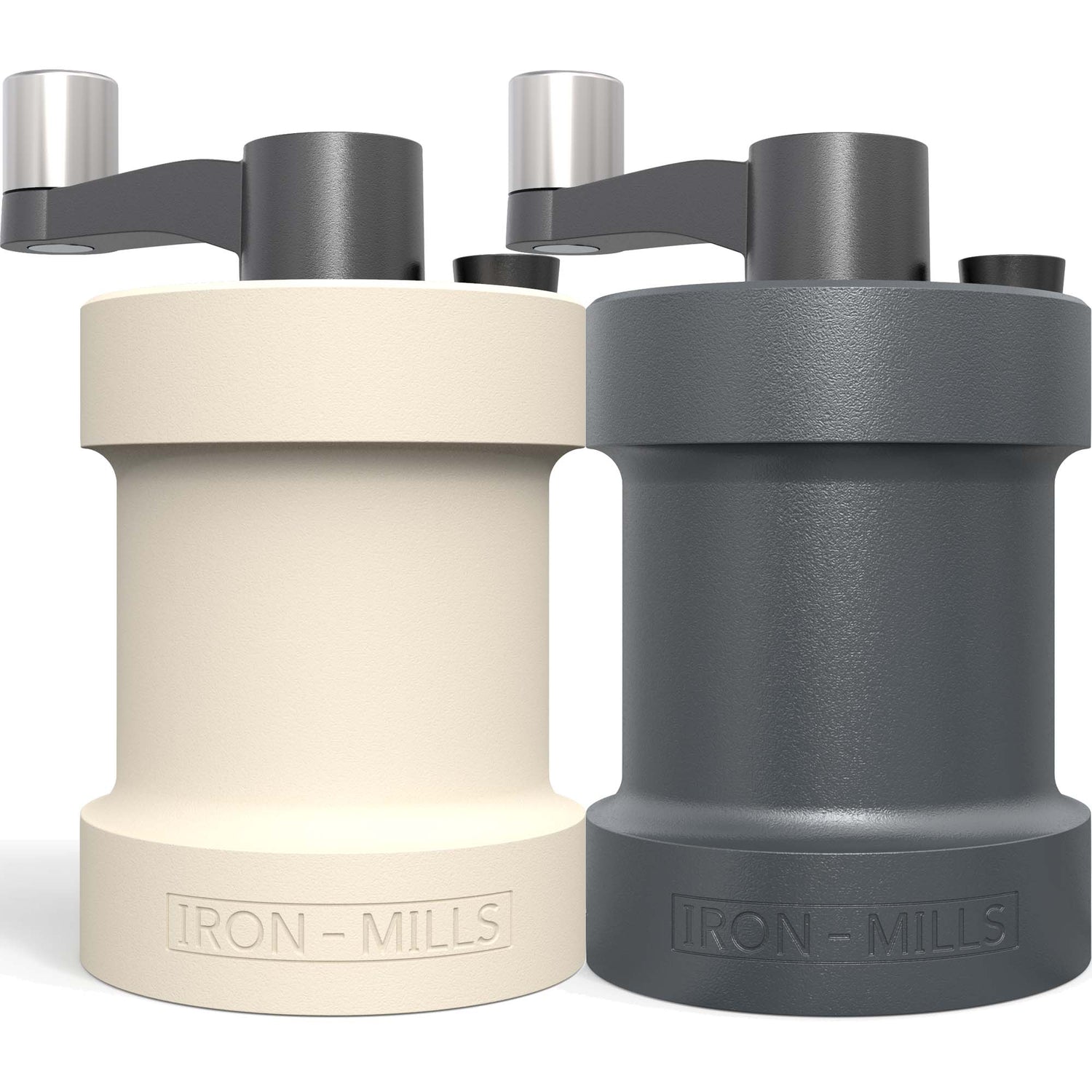 Anthracite grey and oyster white cast iron salt and pepper mill set.