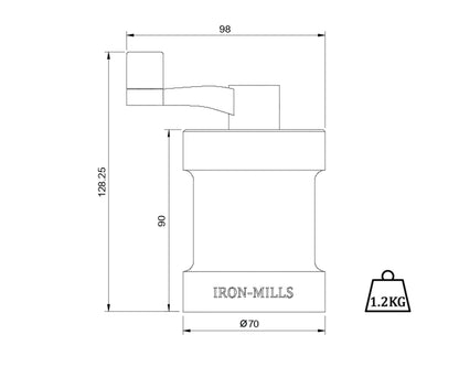 Weight and dimensions drawing of our classic iron-mills salt/pepper mills.