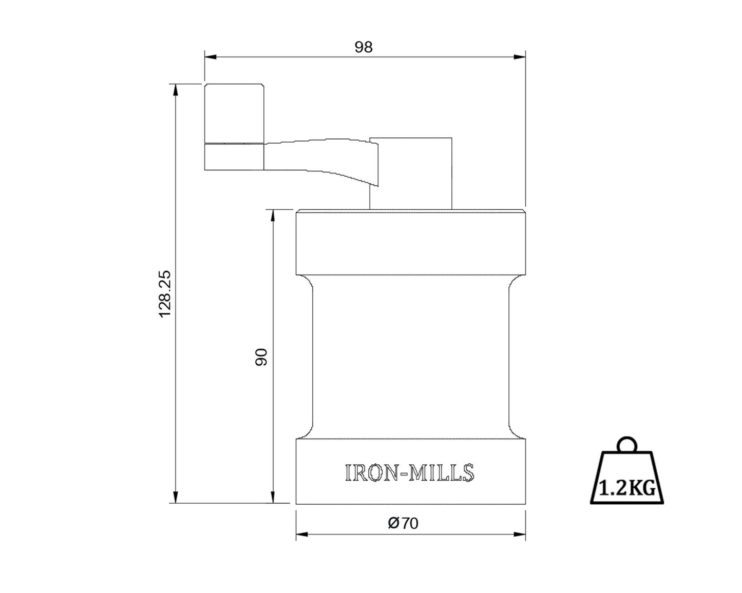 Line drawing of the Iron-Mills pigeon blue salt mill with weights and dimensions for technical details